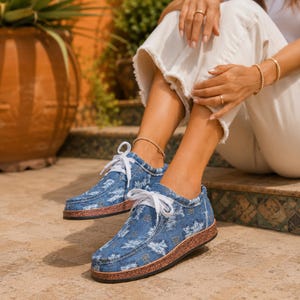 Sapatos femininos boho jeans, mocassins casuais com cadarço, tênis jeans desgastados, sapatos confortáveis para caminhada, tênis slip-on boêmios.