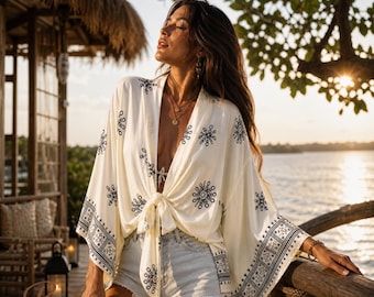 Boho Tie Front Kimono Top, Cream Floral Lightweight Cardigan, Summer Cover Up, Festival Outfit, Beach Kimono, Flowy Bohemian Top
