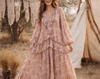 Boho Maxi Dress Women, Pink Paisley Long Dress, Flowy Ruffle Dress, Summer Bohemian Outfit, Beach Vacation Dress, Cottagecore Dress