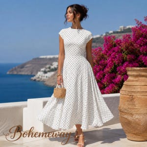 Polka Dot Maxi Dress Women – Elegant Vintage Parisian Chic Dress – White Black Brown Summer Dress – Tea Party Wedding Guest Outfit