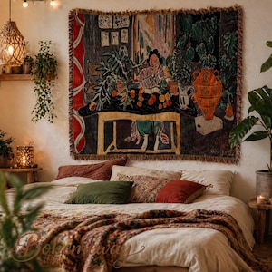 Vintage Woven Wall Tapestry, Boho Wall Hanging, Textile Wall Art, Botanical Decor, Matisse Inspired Throw Blanket, Large Bohemian Home Decor