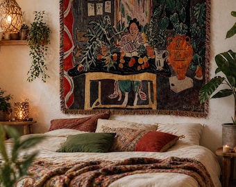 Arazzo da parete vintage tessuto, decorazione murale boho, arte tessile da parete, decorazione botanica, coperta ispirata a Matisse, grande decorazione per la casa in stile bohémien