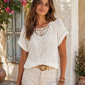 Camicetta boho all'uncinetto con pizzo da donna, top estivo in maglia, camicia casual bohémien, top leggero da spiaggia, outfit da festival, regalo per lei
