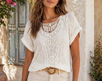 Camicetta boho all'uncinetto con pizzo da donna, top estivo in maglia, camicia casual bohémien, top leggero da spiaggia, outfit da festival, regalo per lei