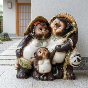 Puede incluir: Una escultura de cerámica de una familia de tres tanuki, o perros mapache japoneses, con pelaje esmaltado en marrón y blanco. Las figuras llevan sombreros de paja, la hembra tiene un lazo rojo, y portan un bastón y una botella de sake blanca.