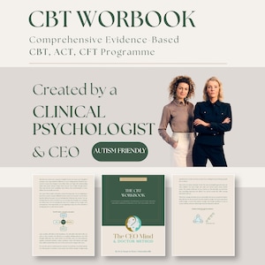 May include: A CBT workbook featuring a comprehensive evidence-based program created by a clinical psychologist and CEO. The cover displays the title The CEO Mind & Doctor Method, an autism friendly label, and two people standing with arms crossed.