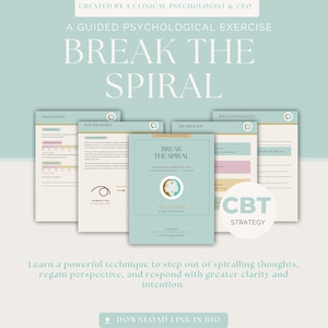 May include: A digital document titled Break The Spiral, a guided psychological exercise. The set includes multiple pages with text, checkboxes, and diagrams in soft green, pink, and yellow tones. A circular logo features two faces.