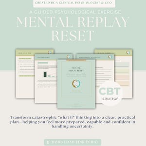 May include: A digital document titled Mental Replay Reset, created by a clinical psychologist. The pages feature a light green and white colour scheme with text, charts, and structured forms for a guided psychological exercise. A circular logo shows two profile silhouettes. The text includes CBT Strategy and instructions for transforming catastrophic thinking.