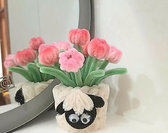 Kawaii Chenille Stem Blossom Basket, Velvet Lamb Desktop Ornament, Aesthetic Mirror Selfie Decor, Custom Good Luck Present, Pretty Keepsake