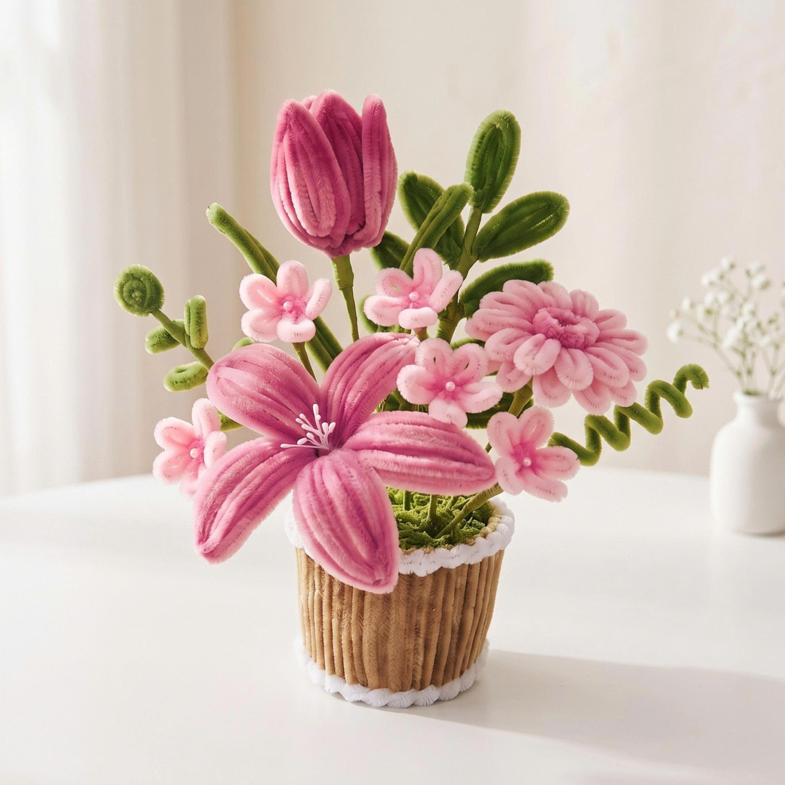 Cottagecore Chenille Stem Flowerpot Centerpiece, Aesthetic Office Desk Decoration, Custom Thinking Of You Present, Lovely Velvet Roseate Art