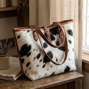 Puede incluir: Bolso tote de piel de vaca con un estampado de manchas blancas y negras. El bolso tiene asas y ribetes de cuero marrón, un cierre de hebilla y una pequeña etiqueta. El bolso está sobre una superficie de madera.