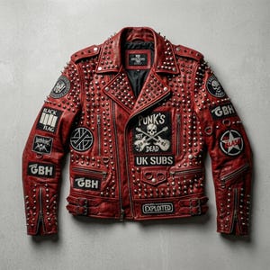 Red Studded Punk Leather Jacket | Gothic Biker Jacket with Spikes | Rock Band Patch Jacket | UK Subs GBH Clash Style | Unisex Streetwear