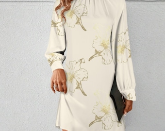 Minivestido de cuello alto y mangas abullonadas, vestido jacquard floral color crema y beige, elegante vestido de fiesta con mangas farol.