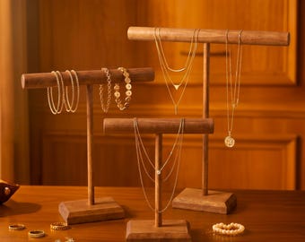 Walnut Wood T-Bar Jewelry Display Stand - Bracelet Holder Bar, Necklace Hanger Organizer, Craft Fair Display, Pendant & Bangle Holder