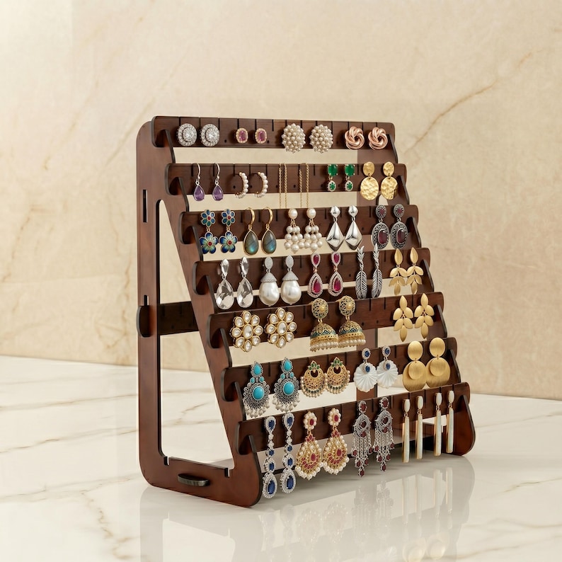 May include: A wooden earring display stand with multiple rows of holes and slots, showcasing a variety of earrings. The earrings include studs, hoops, and dangling styles in various colors and designs. The stand is a rich brown color.