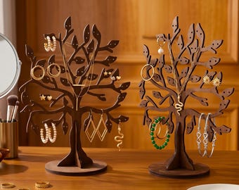 Walnut Wood Earring Holder Tree, Necklace Organizer Stand, Jewelry Display for Dresser, Stud & Dangle Earring Storage, Rustic Decor Gift