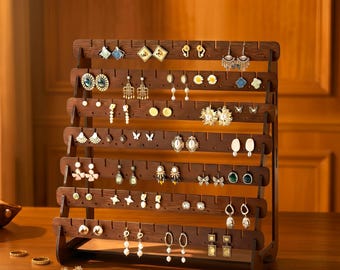 Walnut Wood Earring Display Stand, Dangle & Stud Earrings Storage, 7 Tier Jewelry Organizer, Rustic Ear Jewelry Holder Rack