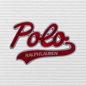 Embroidered Polo Script Patch – 5 Inch Red White Classic Logo Iron-On