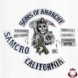 May include: A set of embroidered patches featuring the Sons of Anarchy logo, including a central grim reaper holding a rifle and scythe, with text rockers reading Sons of Anarchy, Samcro, California, President, Men of Mayhem, Redwood, and In Memory of Opie.