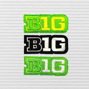 May include: Three rectangular embroidered patches featuring the text BIG in a bold block font. The top patch is lime green with yellow lettering, the middle is black with white lettering, and the bottom is lime green with white lettering.