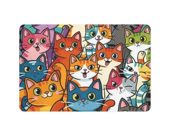 カラフルな漫画風猫柄ペットフードマット | 猫用給餌マット 12x18