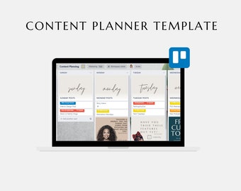 May include: A laptop computer screen displaying a content planner template with a colorful interface. The template is divided into days of the week, with each day having a list of content ideas. The screen also shows a small icon of a social media platform. The text "CONTENT PLANNER TEMPLATE" is displayed at the top of the screen.
