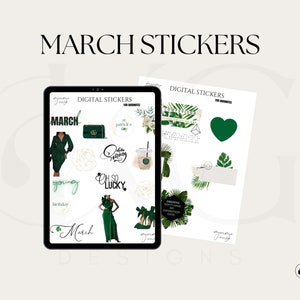 March Digital Stickers St Patrick&#39;s Women&#39;s Day for Goodnotes | March Digital Monthly stickers for digital planners