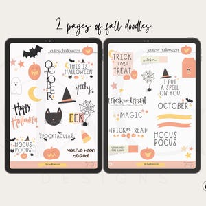 K&ouml;nnte beinhalten: Zwei Seiten mit digitalen Halloween-Stickern mit Illustrationen von K&uuml;rbissen, Geistern, Flederm&auml;usen, Spinnen, Zuckermais und Hexenh&uuml;ten. Die Sticker enthalten S&auml;tze wie "Trick or Treat", "Hocus Pocus", "This is Halloween" und "You've Been Boo'ed!"