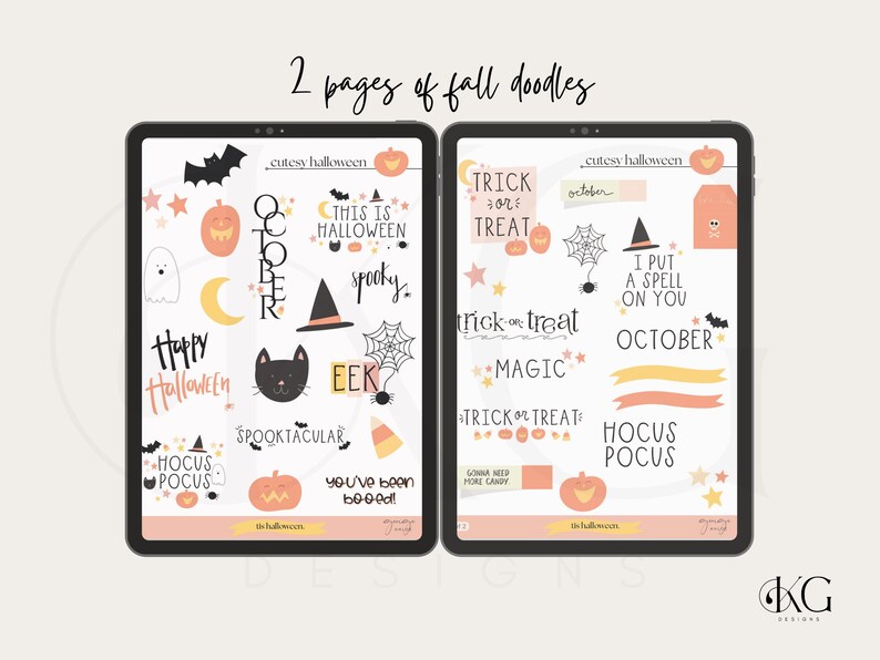 K&ouml;nnte beinhalten: Zwei Seiten mit digitalen Halloween-Stickern mit Illustrationen von K&uuml;rbissen, Geistern, Flederm&auml;usen, Spinnen, Zuckermais und Hexenh&uuml;ten. Die Sticker enthalten S&auml;tze wie "Trick or Treat", "Hocus Pocus", "This is Halloween" und "You've Been Boo'ed!"