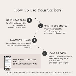 Pu&ograve; includere: Una guida passo passo su come utilizzare gli adesivi Goodnotes. La guida include quattro passaggi: scaricare i file, aprire in Goodnotes, selezionare ogni immagine con lo strumento lazo e lasciare una recensione. La guida include anche una nota che indica che i file PNG non sono ritagliati in anticipo e possono essere utilizzati in qualsiasi applicazione.