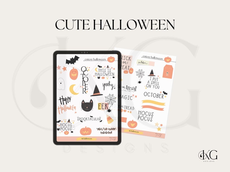 K&ouml;nnte beinhalten: Ein digitaler Tablet-Bildschirm zeigt eine Reihe von Halloween-Aufklebern. Die Aufkleber zeigen verschiedene Halloween-Symbole, darunter K&uuml;rbisse, Flederm&auml;use, Geister, Hexen und Mais. Der Text auf den Aufklebern lautet "Happy Halloween", "Hocus Pocus", "Spooky", "This is Halloween", "Oktober" und "I put a spell on you".
