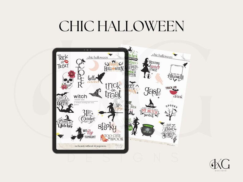 Pu&ograve; includere: Uno schermo di tablet digitale che mostra un set di 24 adesivi a tema Halloween in bianco e nero. Gli adesivi presentano varie frasi e immagini legate ad Halloween, tra cui "Trick or Treat", "Witch", "Spooky", "Resting Witch Face" e "Gasp".