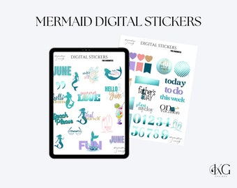 Mermaid Digital Stickers, Summer Digital Stickers for Goodnotes, summer digital stickers for digital planners | seasonal digital stickers