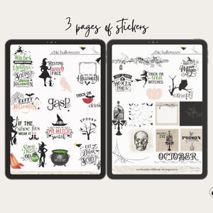 Pu&ograve; includere: Tre pagine di adesivi a tema Halloween con illustrazioni in bianco e nero di streghe, gufi, teschi e altre immagini inquietanti. Gli adesivi includono frasi come "Trick or Treat", "Happy Halloween" e "Resting Witch Face".