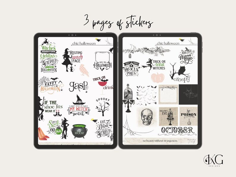 Pu&ograve; includere: Tre pagine di adesivi a tema Halloween con illustrazioni in bianco e nero di streghe, gufi, teschi e altre immagini inquietanti. Gli adesivi includono frasi come "Trick or Treat", "Happy Halloween" e "Resting Witch Face".