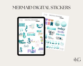 May include: Digital stickers featuring a mermaid theme with illustrations of mermaids, seashells, and ocean-inspired designs. The stickers include phrases like "Hello June", "Summer Love", "Treat Yourself", and "Beach Please".