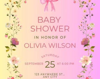 Plantilla de invitación para baby shower con mariposa morada, invitación editable para niña, diseño floral rosa para imprimir, descarga instantánea.