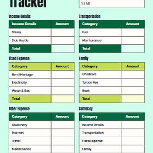 May include: A teal and white finance tracker with sections for income, expenses, and summaries. The title "Finance Tracker" is at the top, with fields for name, month, and year. The tracker includes categories for income, transportation, and family expenses.