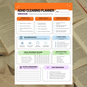 Könnte beinhalten: ADHS-Reinigungsplaner mit Abschnitten für Morgenfokus, Mittags-Check-in und Abend-Entspannung. Enthält Aufgabenaufschlüsselung, visuelle Fortschrittsverfolgung und schnelle Ideen. Der Planer liegt auf einem Hintergrund aus offenen Büchern.