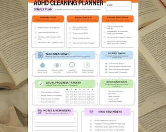 Planificador de limpieza para TDAH (PDF imprimible) / Lista de verificación de limpieza sencilla para adultos neurodivergentes / Paquete de reordenamiento del hogar para TDAH