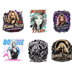 May include: A collection of six graphic designs featuring Bonnie Tyler. The images include portraits of the singer, microphones, lightning bolts, and text such as Bonnie Tyler, A Voice That Burned Bright, Forever's Gonna Start Tonight, and Total Eclipse Tribute.
