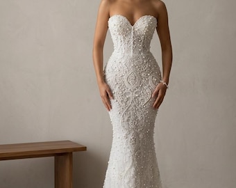 Custom Mermaid Wedding Dress Pearl Beaded Sweetheart Bridal Gown Fited Couture Style(Due to custom took time so order deliver after 30 days)