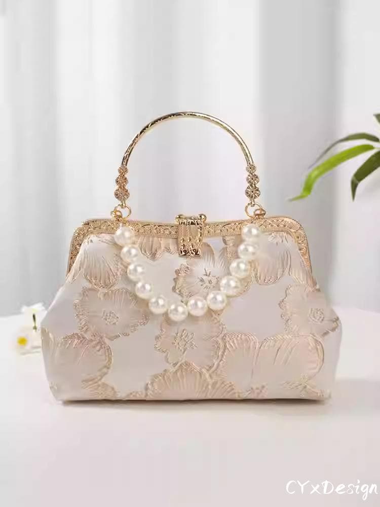 Vintage Gold Floral Jacquard Clutch, Pearl Handle Bridal Purse, Hanfu Qipao Evening Bag