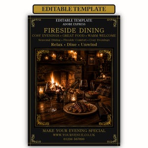 May include: An editable template for a restaurant menu titled FIRESIDE DINING. The design features a black background with gold text and ornate borders. The central image shows a dinner table with wine glasses and food in front of a fireplace.