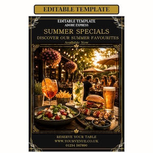 May include: An editable template flyer featuring a black background with gold text reading SUMMER SPECIALS, DISCOVER OUR SUMMER FAVOURITES, and Available Now. The image shows a table with a salad, fries, burger, skewers, and drinks at an outdoor restaurant.
