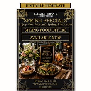 Spring Specials Poster Template, Black Gold Editable Restaurant Food Flyer