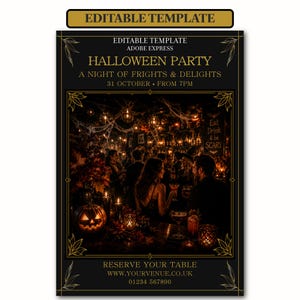 May include: An editable Halloween party invitation template featuring a dark, atmospheric scene of people at a bar with a jack-o'-lantern, cobwebs, and gold text reading Halloween Party, A Night of Frights & Delights, 31 October, From 7pm.