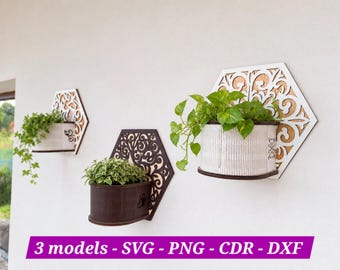 Macetero modular SVG / Archivo de corte láser / Soporte de madera para plantas, decoración de pared PNG / Macetero para interior/exterior