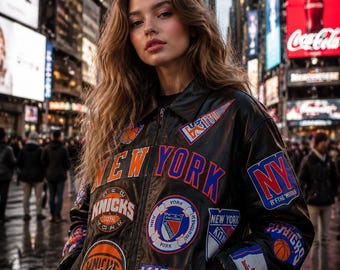Handgemaakte Hailey Bieber Madison Square Garden Icon New York Knicks leren jas NYCNBA Varsity Biker Bomber leren jas geïnspireerd door beroemdheden
