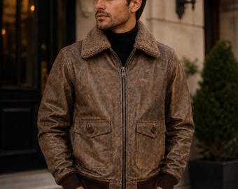 Bruin verweerd leren heren bomberjack Clayton-stijl echt schapenleer vintage bikerjack jaren 90 retro-stijl varsity leren jas